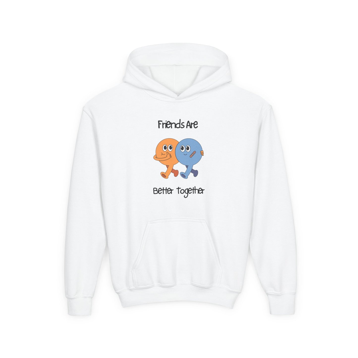 White kids friendship animal hoodie with colorful cartoon characters and friends are better together text
