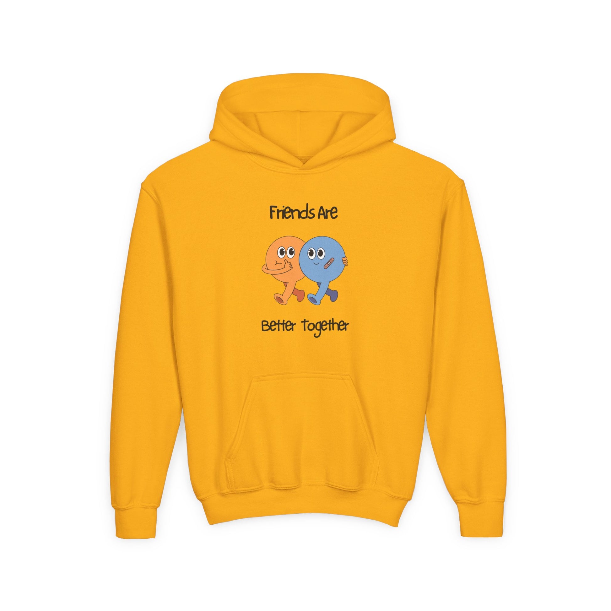 Yellow kids friendship animal hoodie with cute orange and blue characters saying Friends Are Better Together