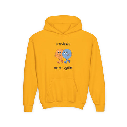 Yellow kids friendship animal hoodie with cute orange and blue characters saying Friends Are Better Together
