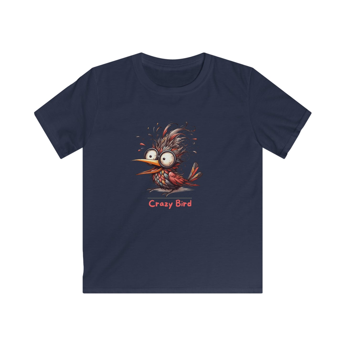 Printify kids navy blue t-shirt featuring a funny animal shirts for kids design with a crazy bird graphic
