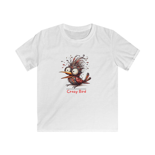 White kids t-shirt by Printify with a crazy bird design and funny animal shirts for kids text