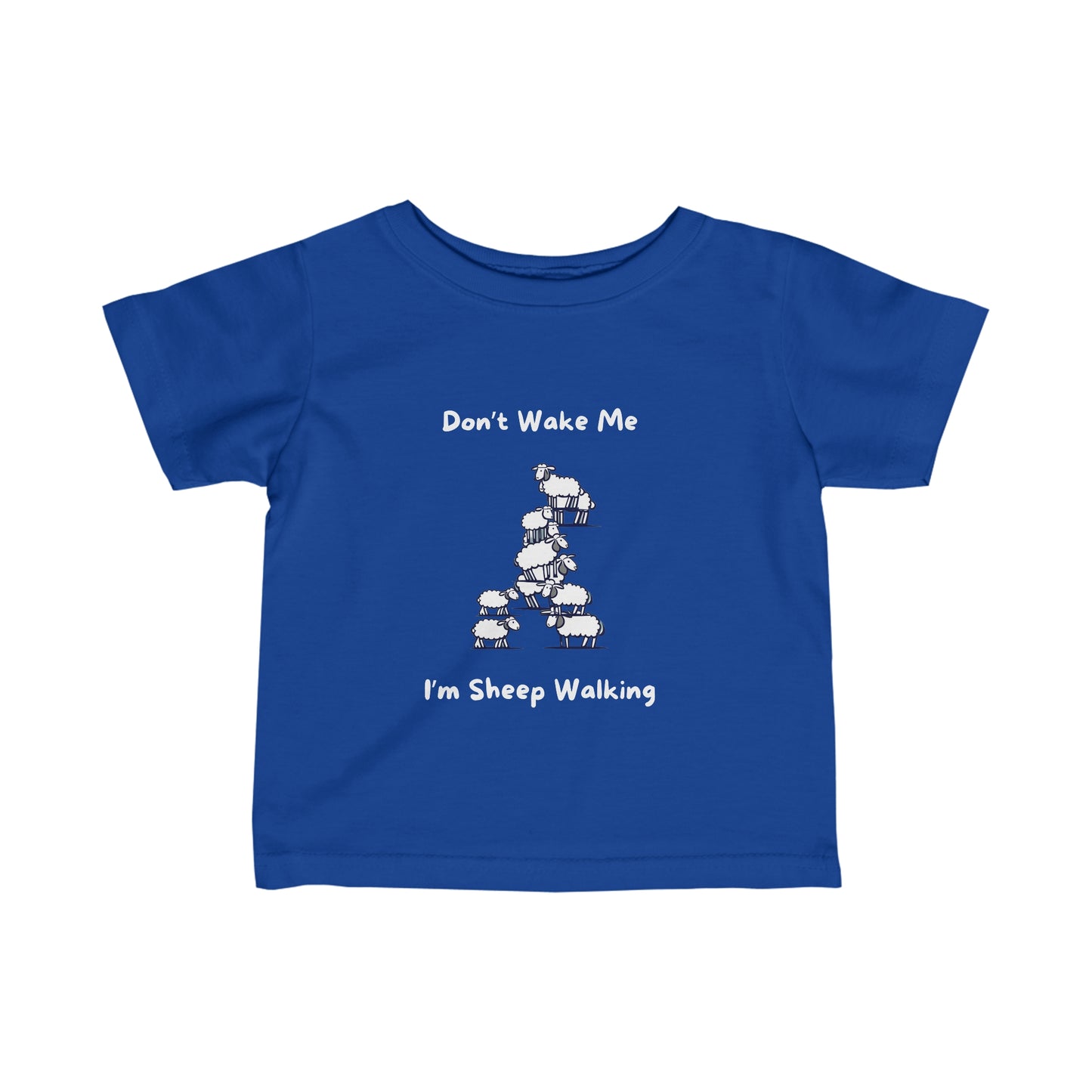 Blue funny baby shirt with white sheep graphic and text saying Don't Wake Me I'm Sheep Walking