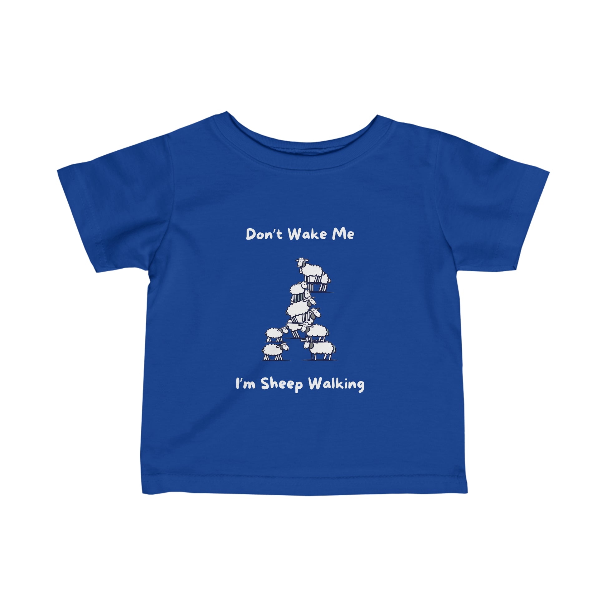 Blue funny baby shirt with white sheep graphic and text saying Don't Wake Me I'm Sheep Walking