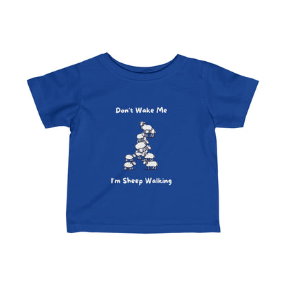 Blue funny baby shirt with white sheep graphic and text saying Don't Wake Me I'm Sheep Walking