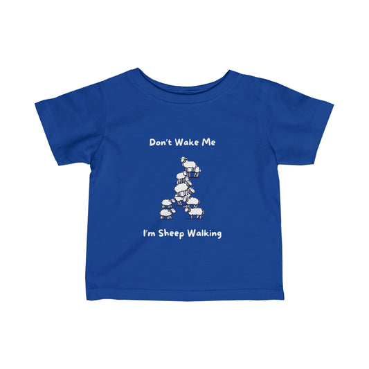 Blue funny baby shirt with white sheep graphic and text saying Don't Wake Me I'm Sheep Walking