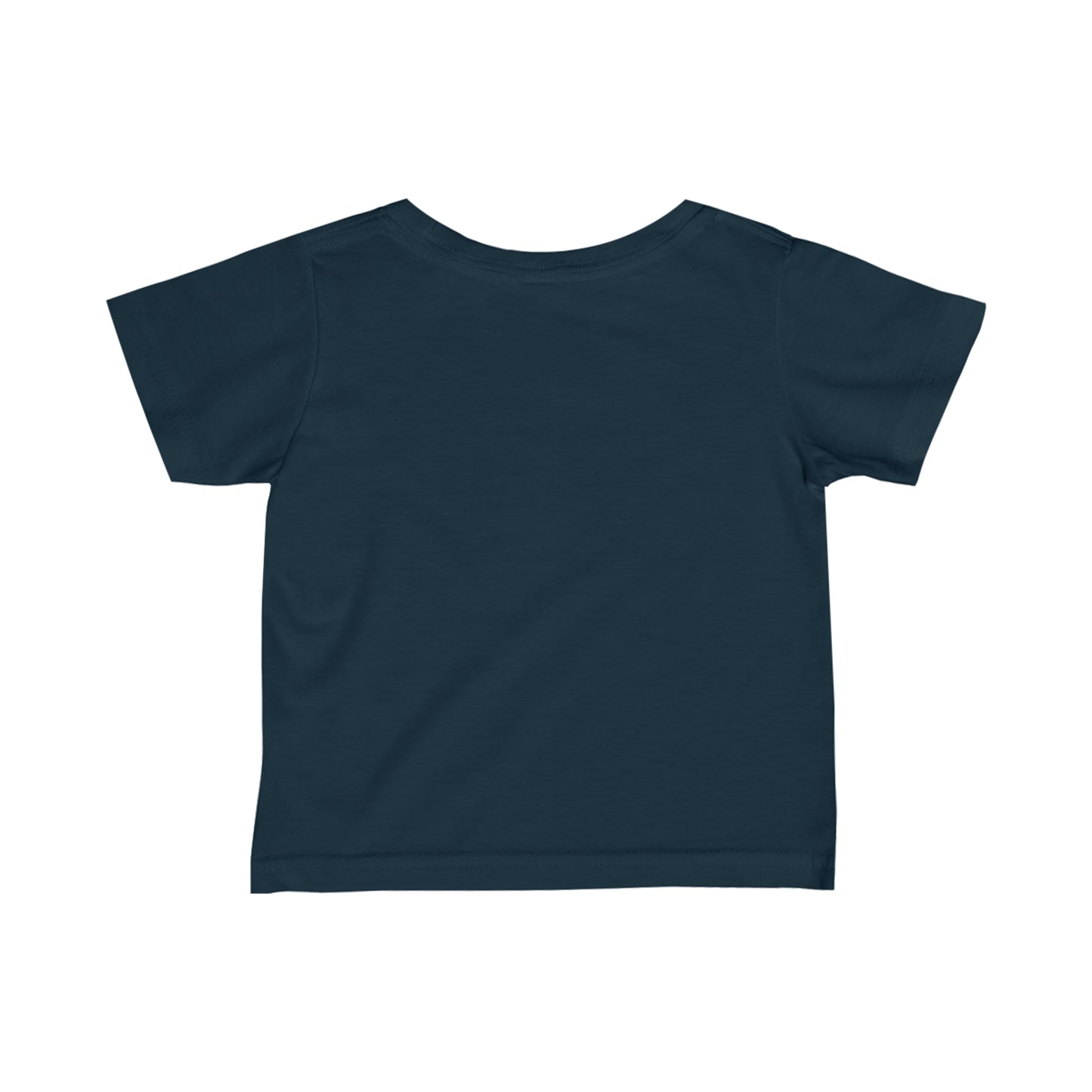 Back view of navy blue funny baby shirt from Printify for kids with short sleeves
