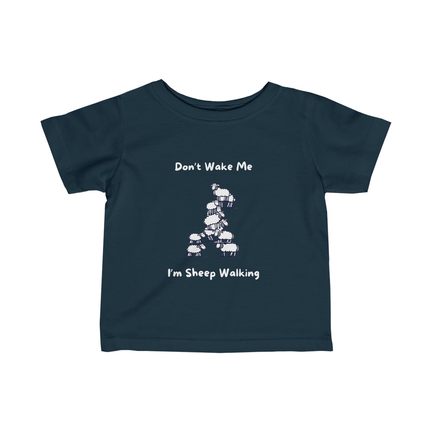Navy funny baby shirt by Printify with sheep walking design and text Don't Wake Me I'm Sheep Walking