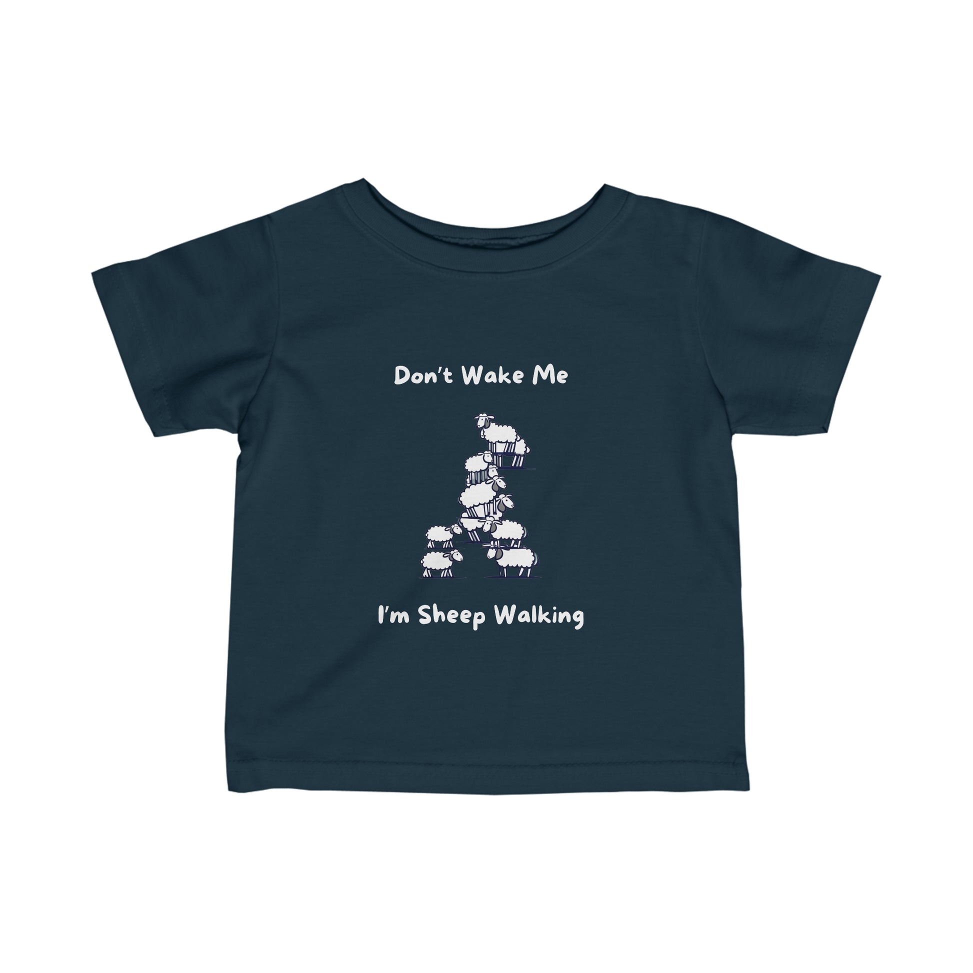 Navy funny baby shirt by Printify with sheep walking design and text Don't Wake Me I'm Sheep Walking
