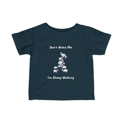 Navy funny baby shirt by Printify with sheep walking design and text Don't Wake Me I'm Sheep Walking