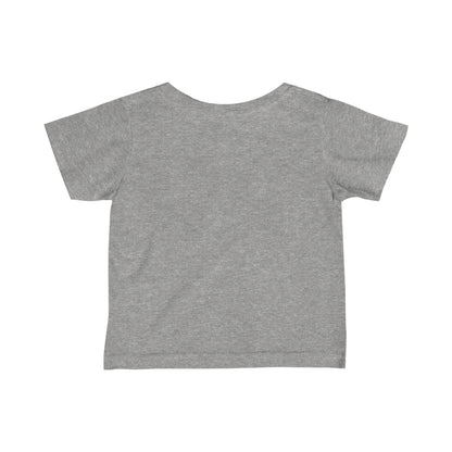 Back view of a plain gray funny baby shirt for kids by Printify made of soft fabric