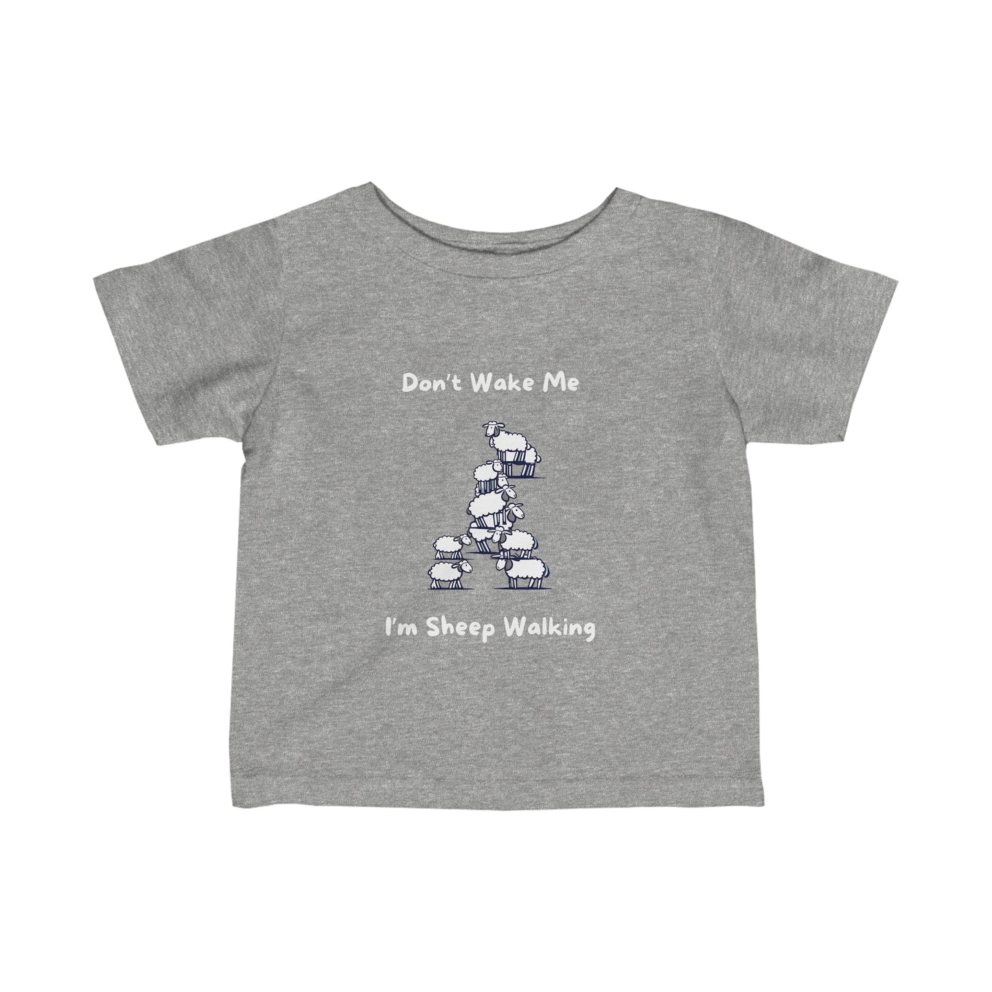Gray kids funny baby shirt by Printify with cartoon sheep and text Don't Wake Me I'm Sheep Walking