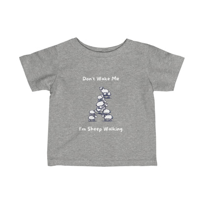 Gray kids funny baby shirt by Printify with cartoon sheep and text Don't Wake Me I'm Sheep Walking