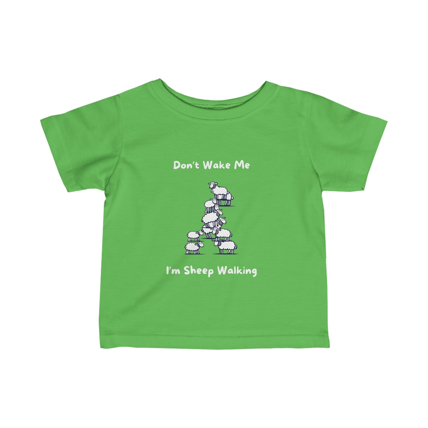 Green funny baby shirt with sheep illustration and text Dont Wake Me Im Sheep Walking from Printify