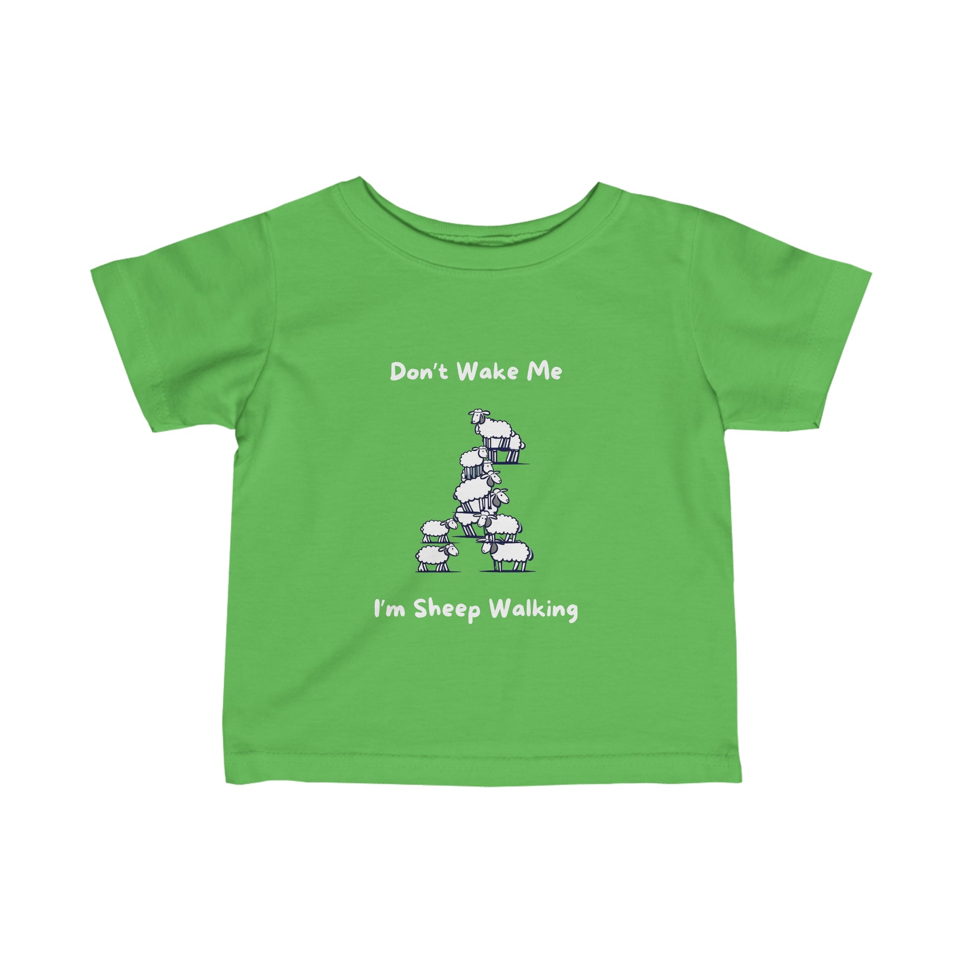 Green funny baby shirt with sheep illustration and text Dont Wake Me Im Sheep Walking from Printify