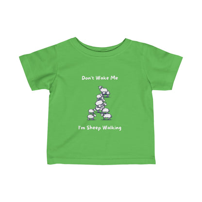 Green funny baby shirt with sheep illustration and text Dont Wake Me Im Sheep Walking from Printify