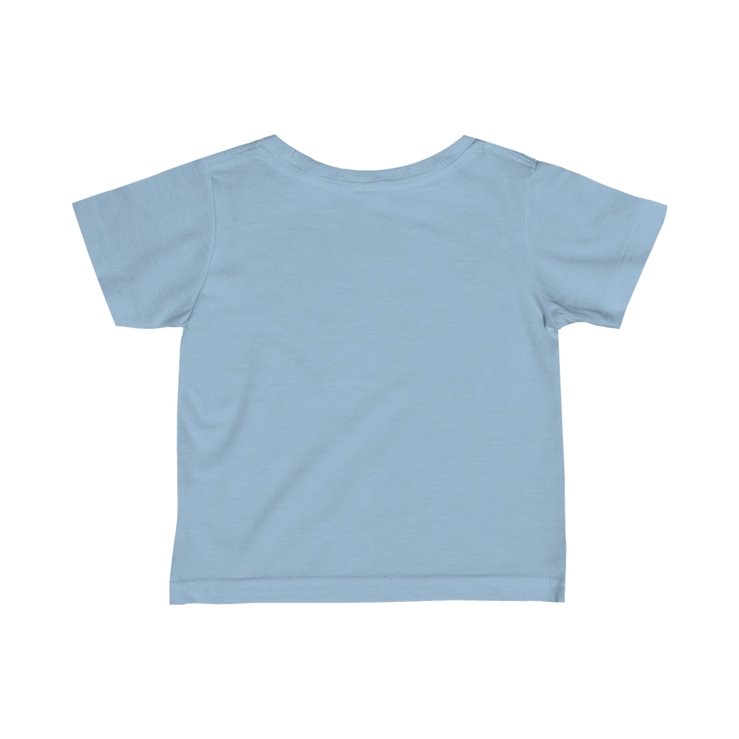 Light blue kids funny baby shirt by Printify shown from the back with short sleeves