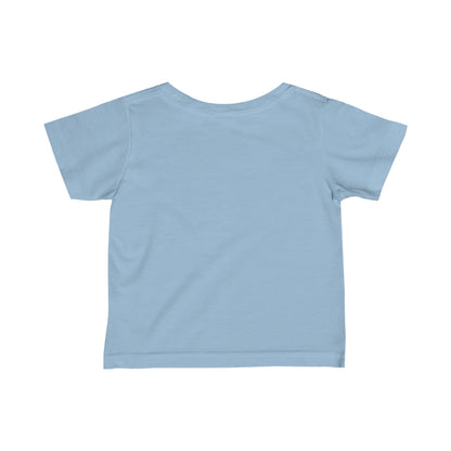 Light blue kids funny baby shirt by Printify shown from the back with short sleeves