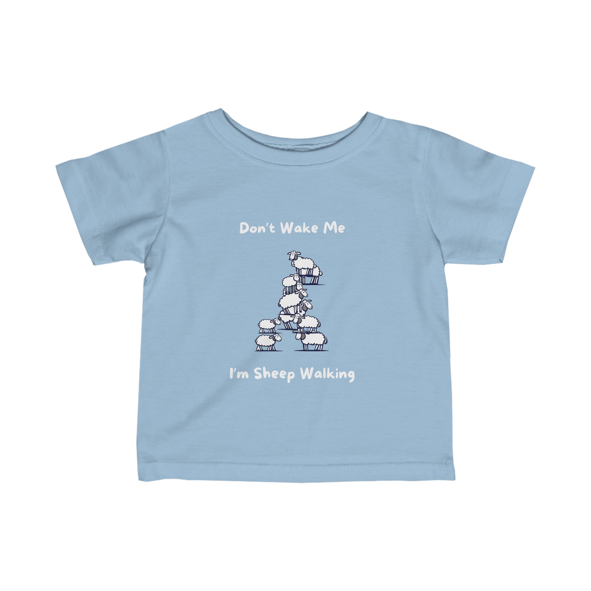 Light blue funny baby shirt with sheep graphic and text Dont Wake Me Im Sheep Walking