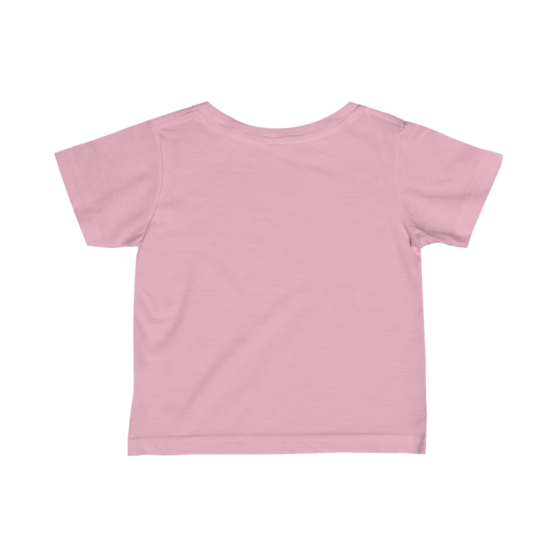 Back view of a plain pink funny baby shirt made for kids by Printify
