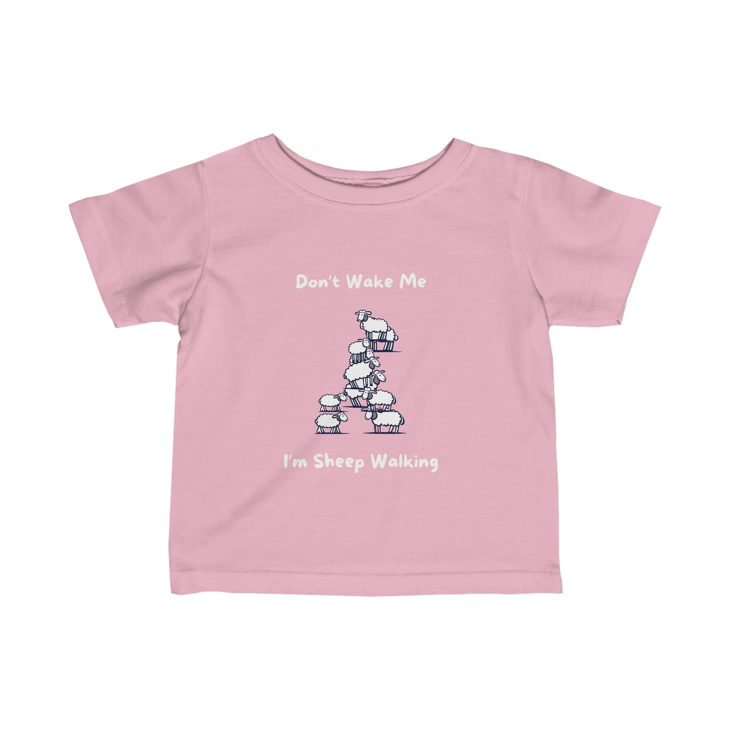 Pink funny baby shirt with playful sheep walking graphic and text saying Dont Wake Me Im Sheep Walking