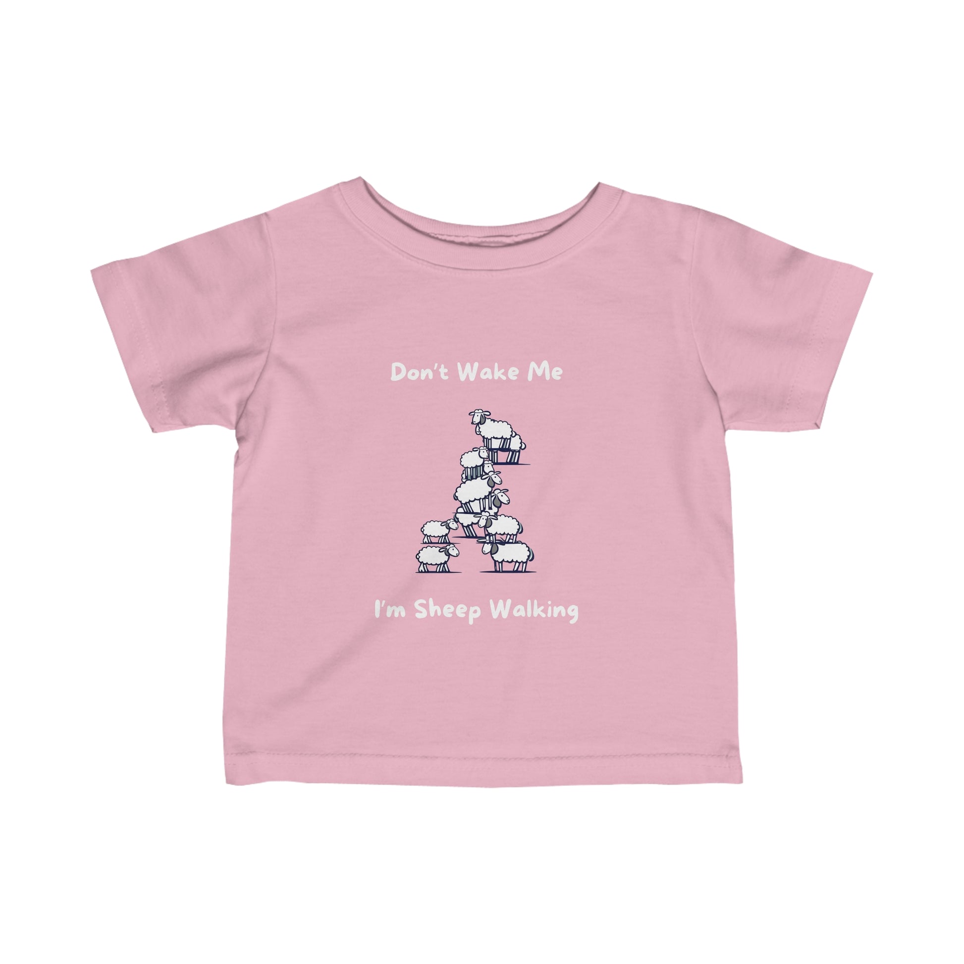Pink funny baby shirt with playful sheep walking graphic and text saying Dont Wake Me Im Sheep Walking