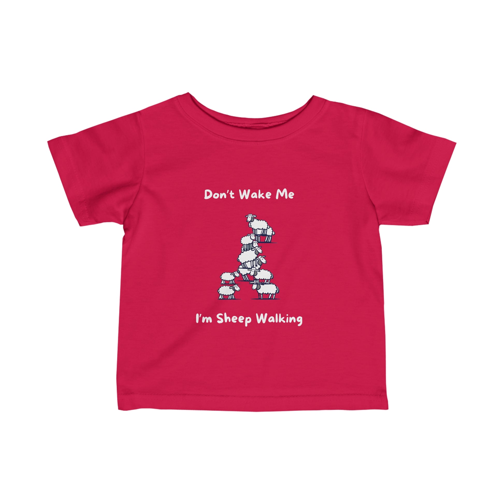 Red kids funny baby shirt with playful sheep walking design and text Don't Wake Me I'm Sheep Walking