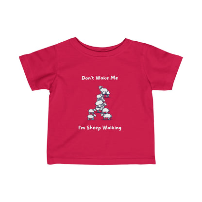 Red kids funny baby shirt with playful sheep walking design and text Don't Wake Me I'm Sheep Walking