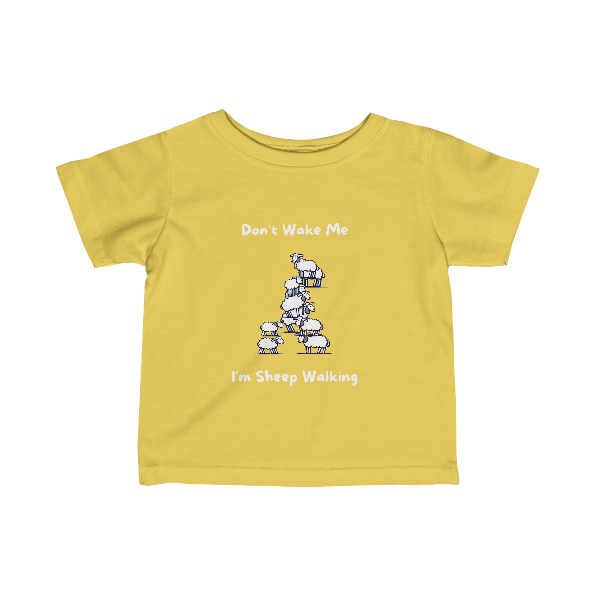 Yellow kids funny baby shirt with playful sheep walking graphic and text Don’t Wake Me