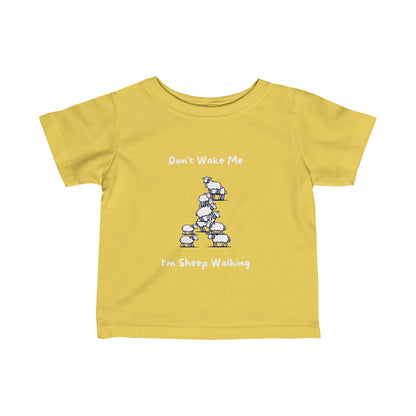 Yellow kids funny baby shirt with playful sheep walking graphic and text Don’t Wake Me