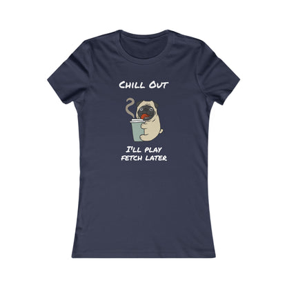 Funny dog graphic tee for women in navy with a cute pug holding a coffee cup and chill out text