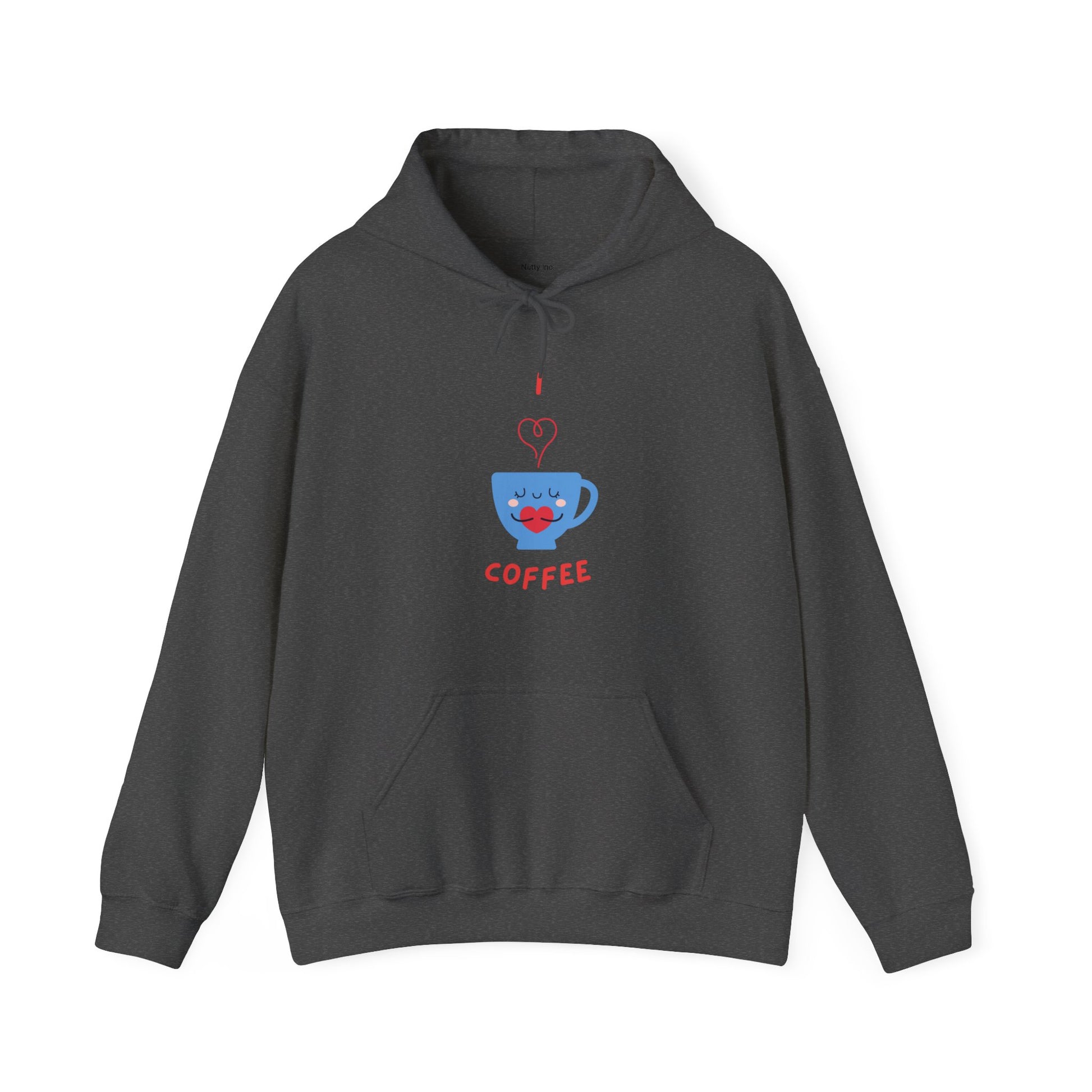 Black Printify hoodie with cute coffee cup graphic and text I love coffee funny hoodies for sale