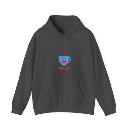 Black Printify hoodie with cute coffee cup graphic and text I love coffee funny hoodies for sale