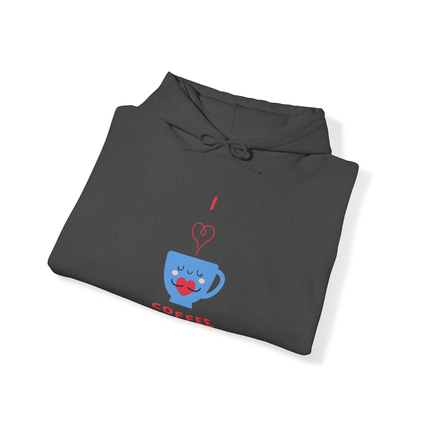 Folded black hoodie with a cute coffee cup graphic and text perfect for funny hoodies for sale