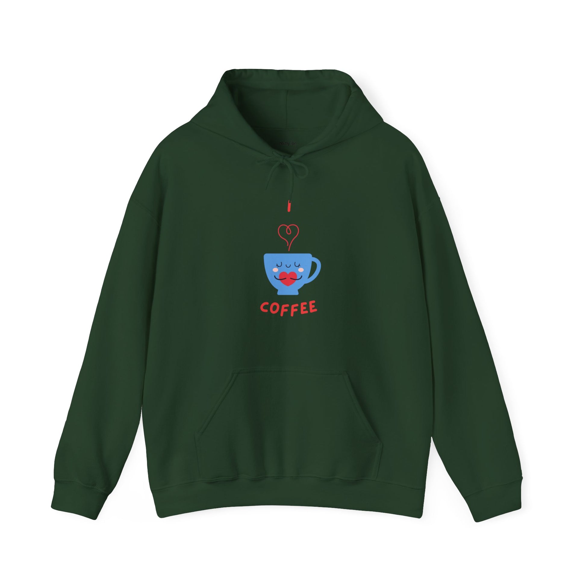 Printify dark green hoodie with cute blue coffee cup and I love coffee design funny hoodies for sale