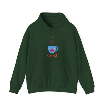 Printify dark green hoodie with cute blue coffee cup and I love coffee design funny hoodies for sale