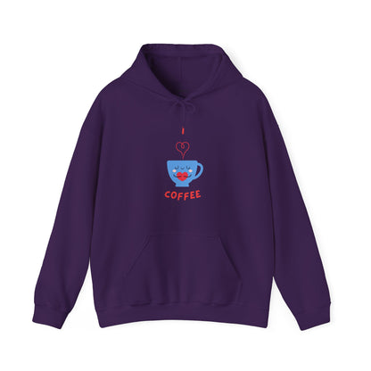 Purple hoodie with cute coffee cup graphic and text coffee funny hoodies for sale by Printify