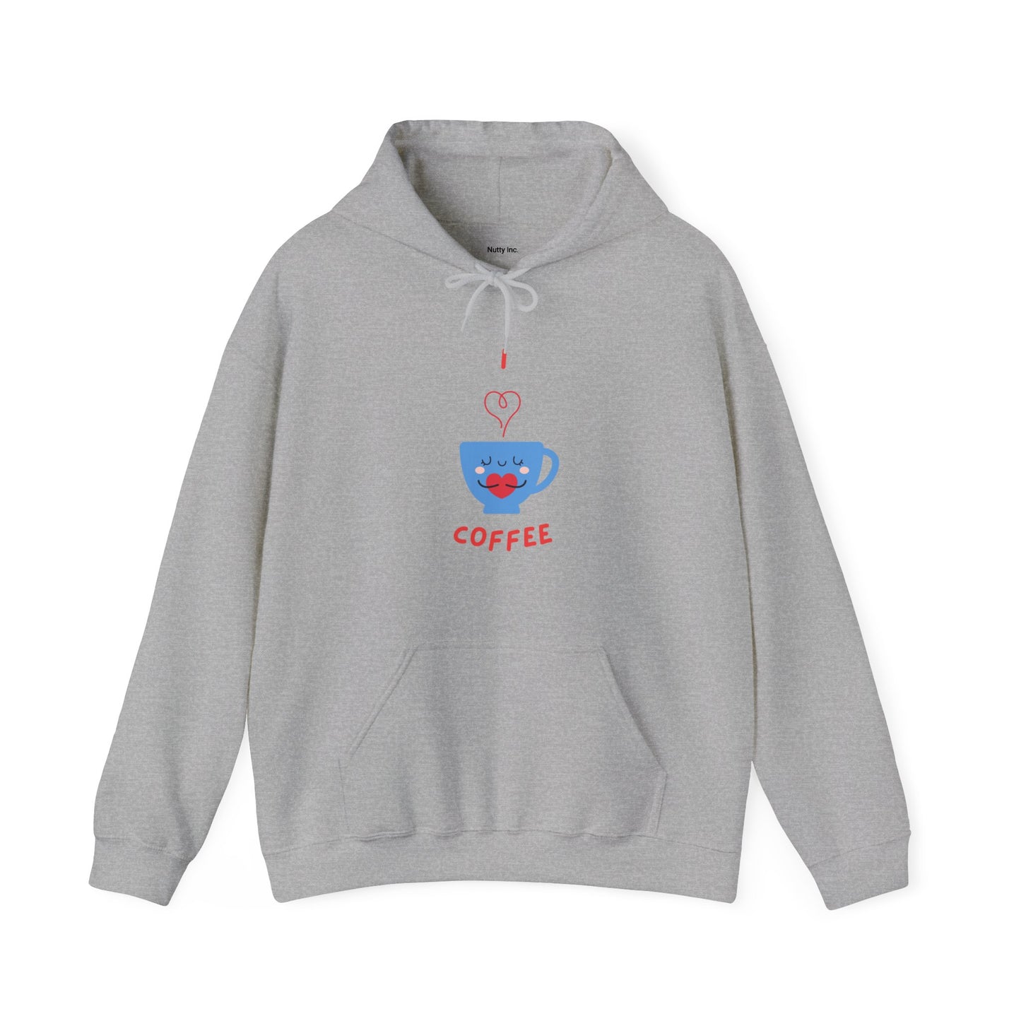 Printify gray hoodie with cute blue coffee cup design and red lips funny hoodies for sale