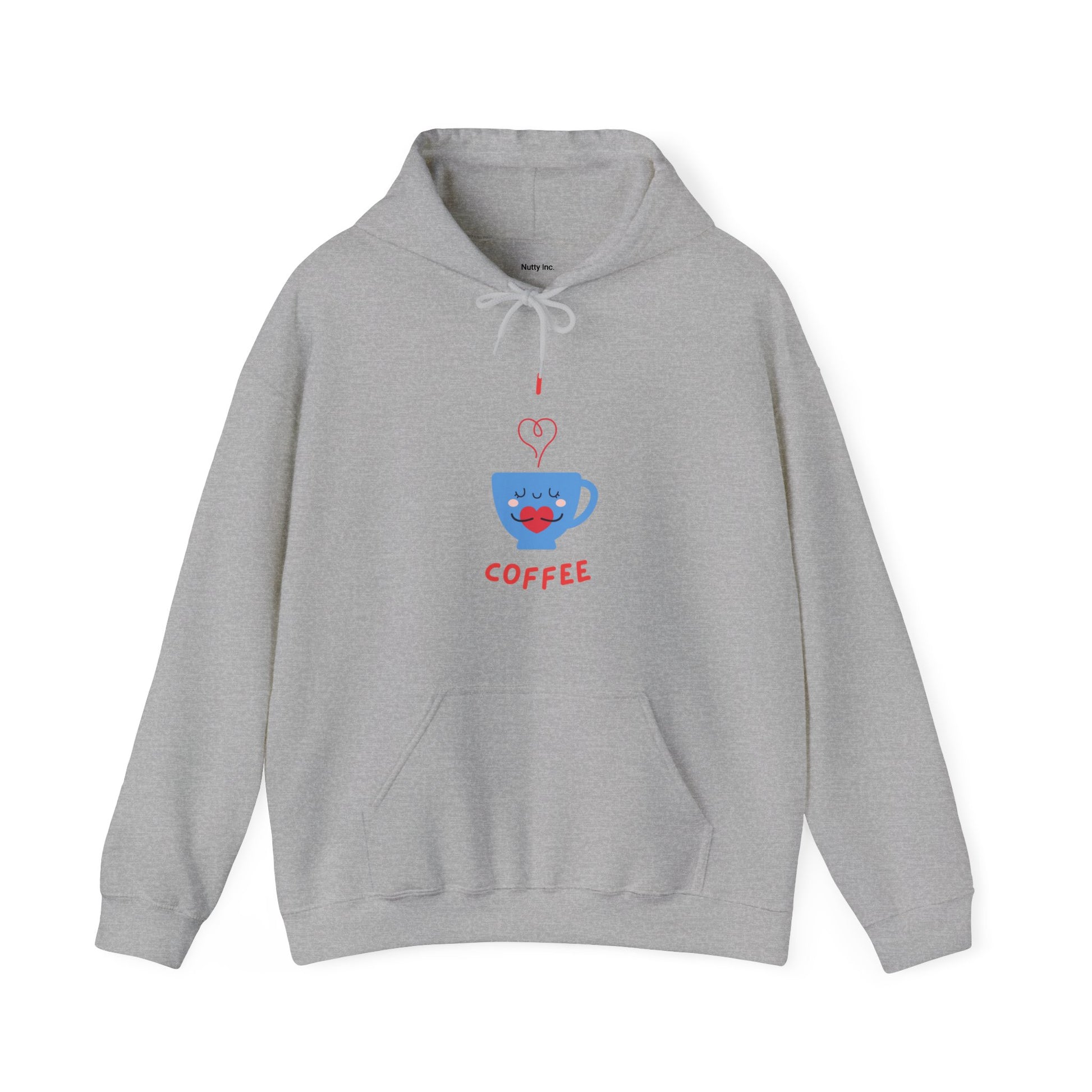 Printify gray hoodie with cute blue coffee cup design and red lips funny hoodies for sale