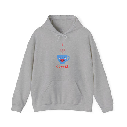 Printify gray hoodie with cute blue coffee cup design and red lips funny hoodies for sale
