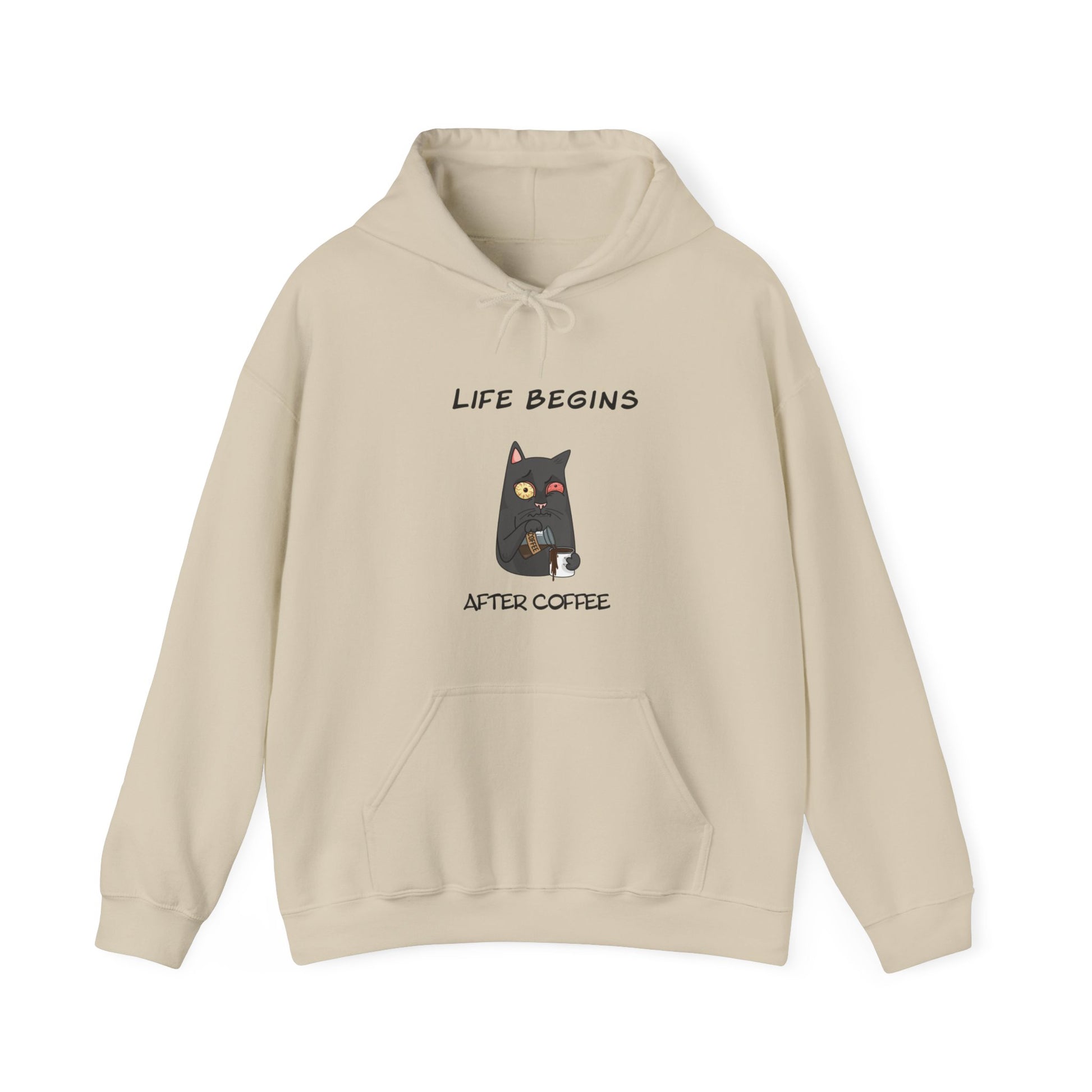 Beige hoodie with funny cat coffee design and Life Begins After Coffee text funny hoodies for sale