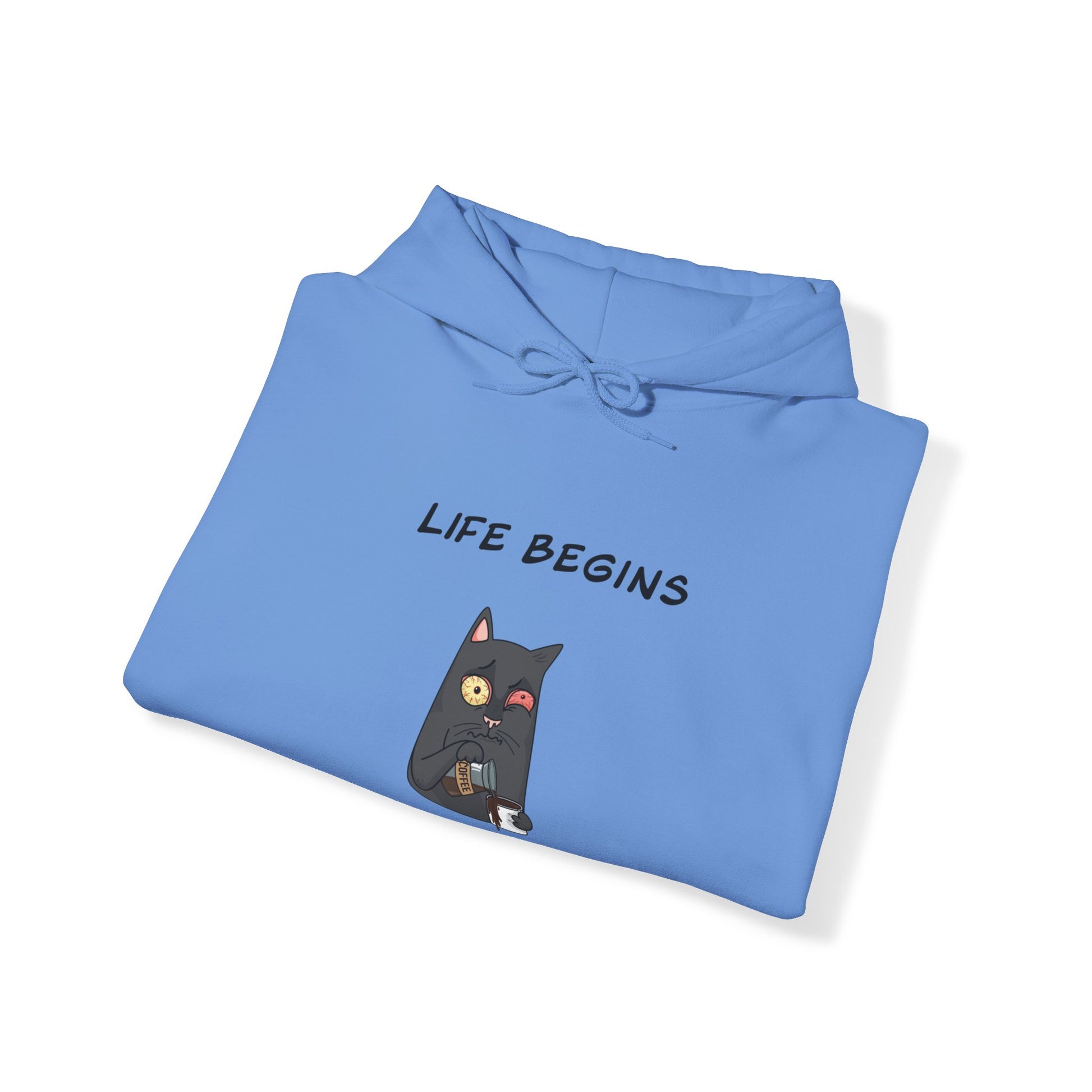 Light blue hoodie with a funny cat graphic and Life Begins text, funny hoodies for sale