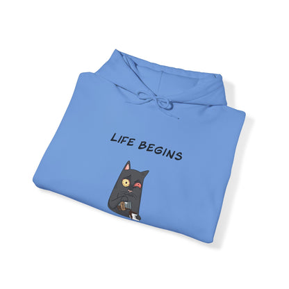 Light blue hoodie with a funny cat graphic and Life Begins text, funny hoodies for sale