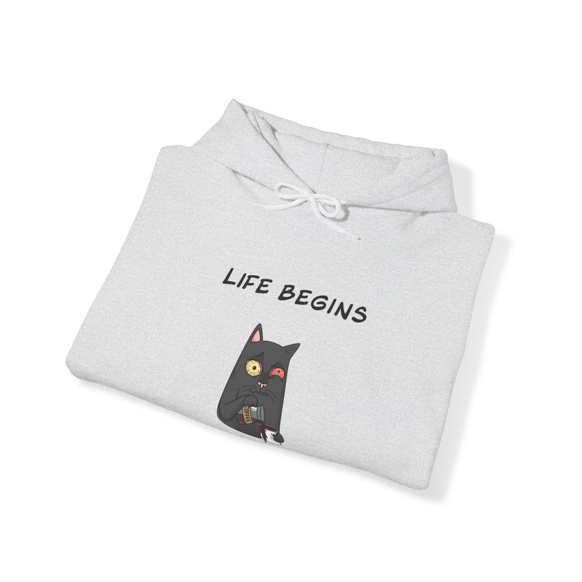 Printify light gray hoodie with funny cat cartoon and Life Begins text funny hoodies for sale