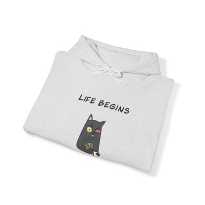 Printify light gray hoodie with funny cat cartoon and Life Begins text funny hoodies for sale