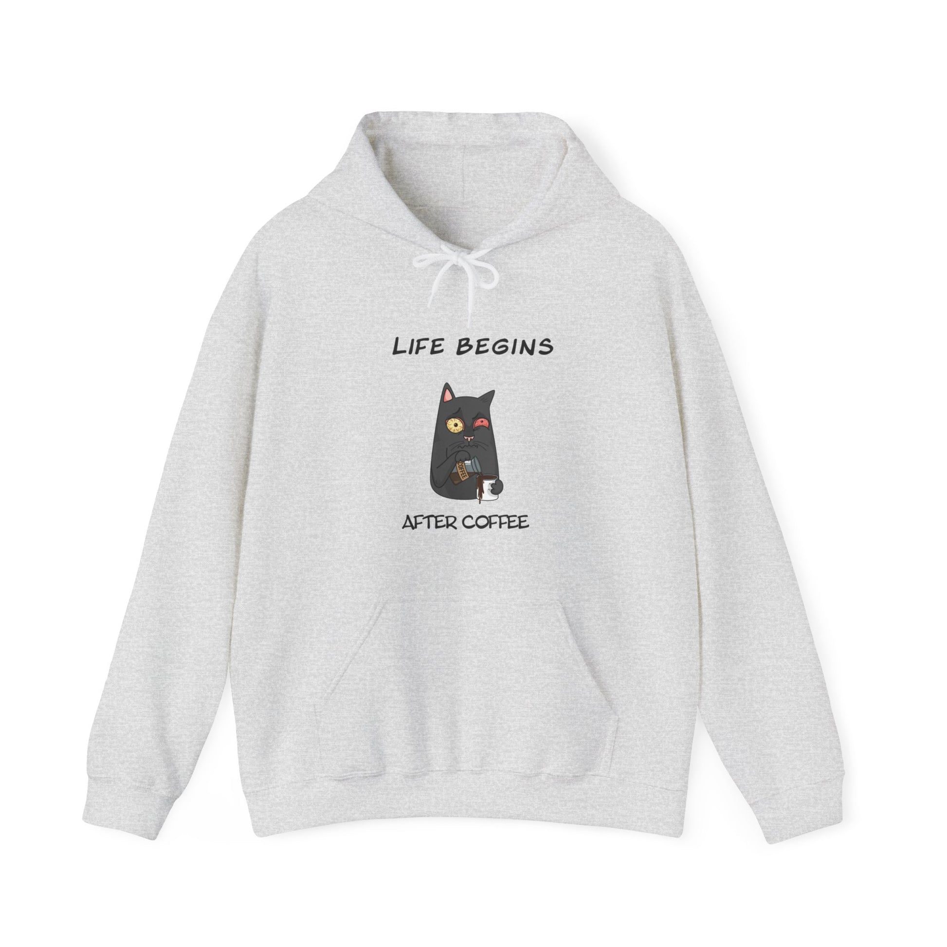 Gray hoodie with Life Begins After Coffee cat graphic funny hoodies for sale by Printify