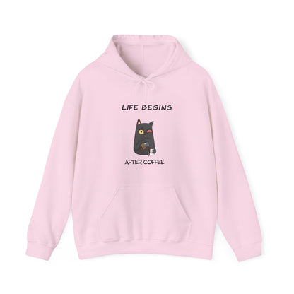 Pink hoodie from Printify with a funny cat and coffee design, funny hoodies for sale