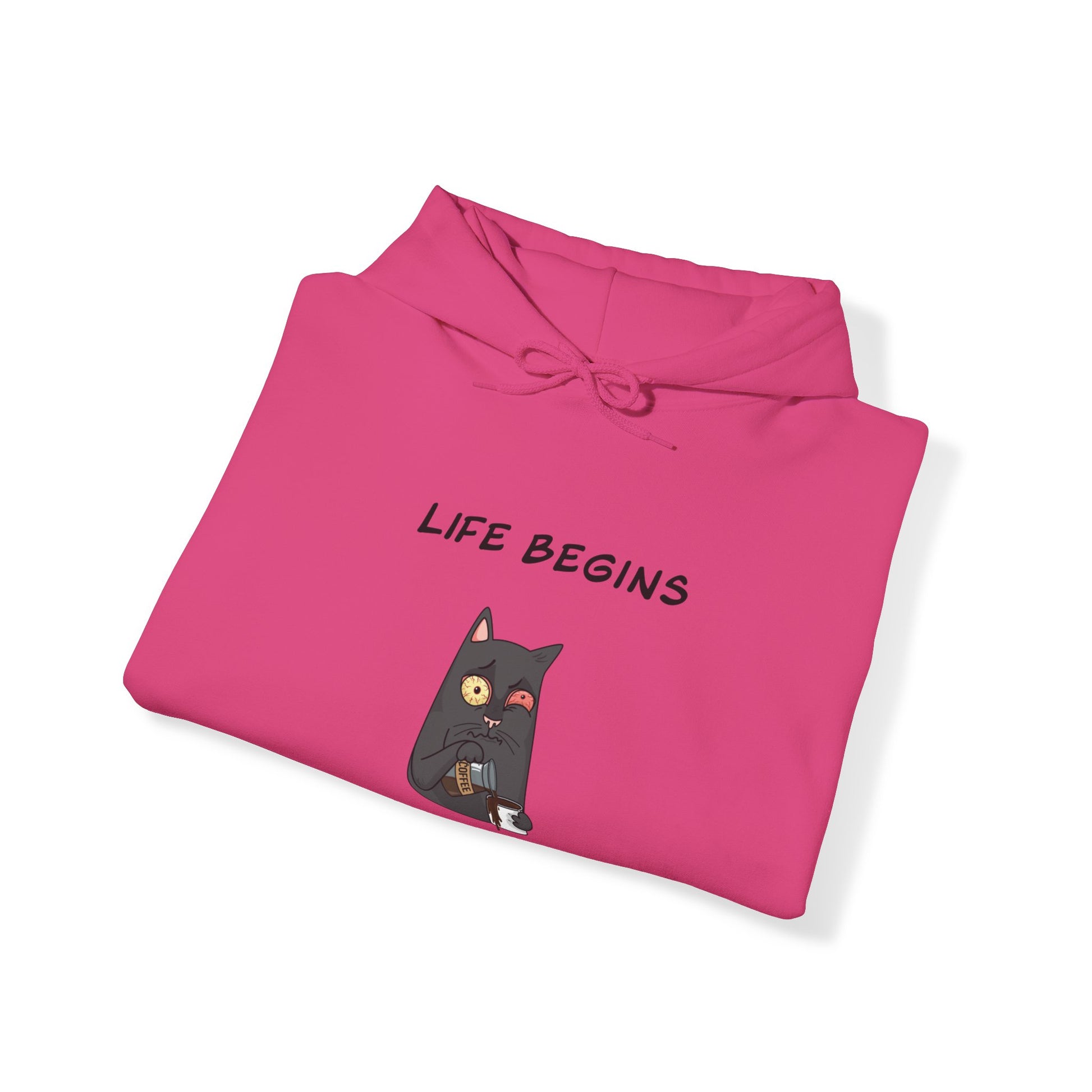 Pink hoodie from Printify with funny cat graphic and Life Begins text, perfect funny hoodies for sale
