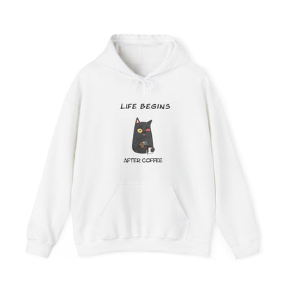 White Printify hoodie with funny cat and coffee design labeled funny hoodies for sale