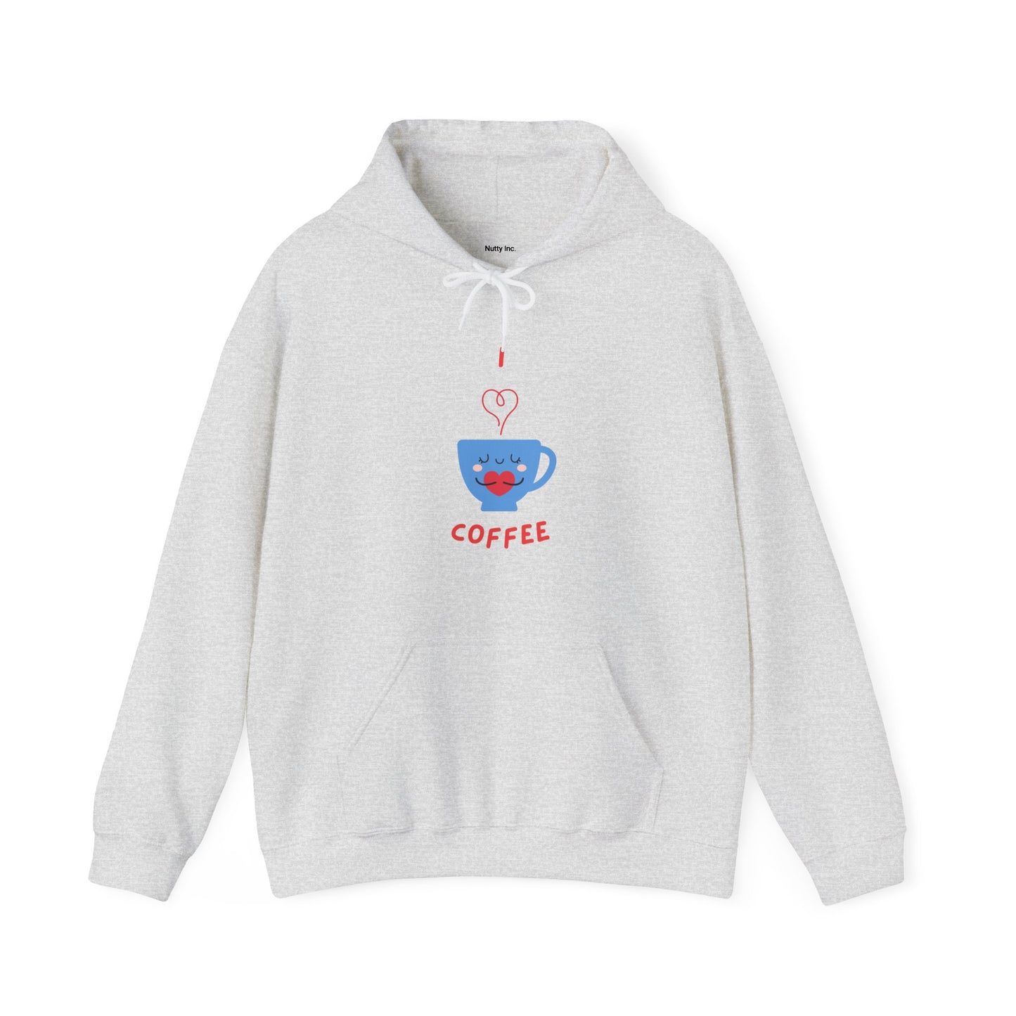 Light gray Printify hoodie with a cute blue coffee cup graphic and red text coffee funny hoodies for sale