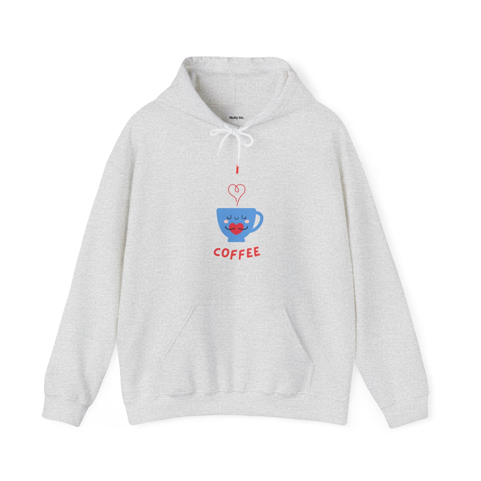 Light gray Printify hoodie with a cute blue coffee cup graphic and red text coffee funny hoodies for sale